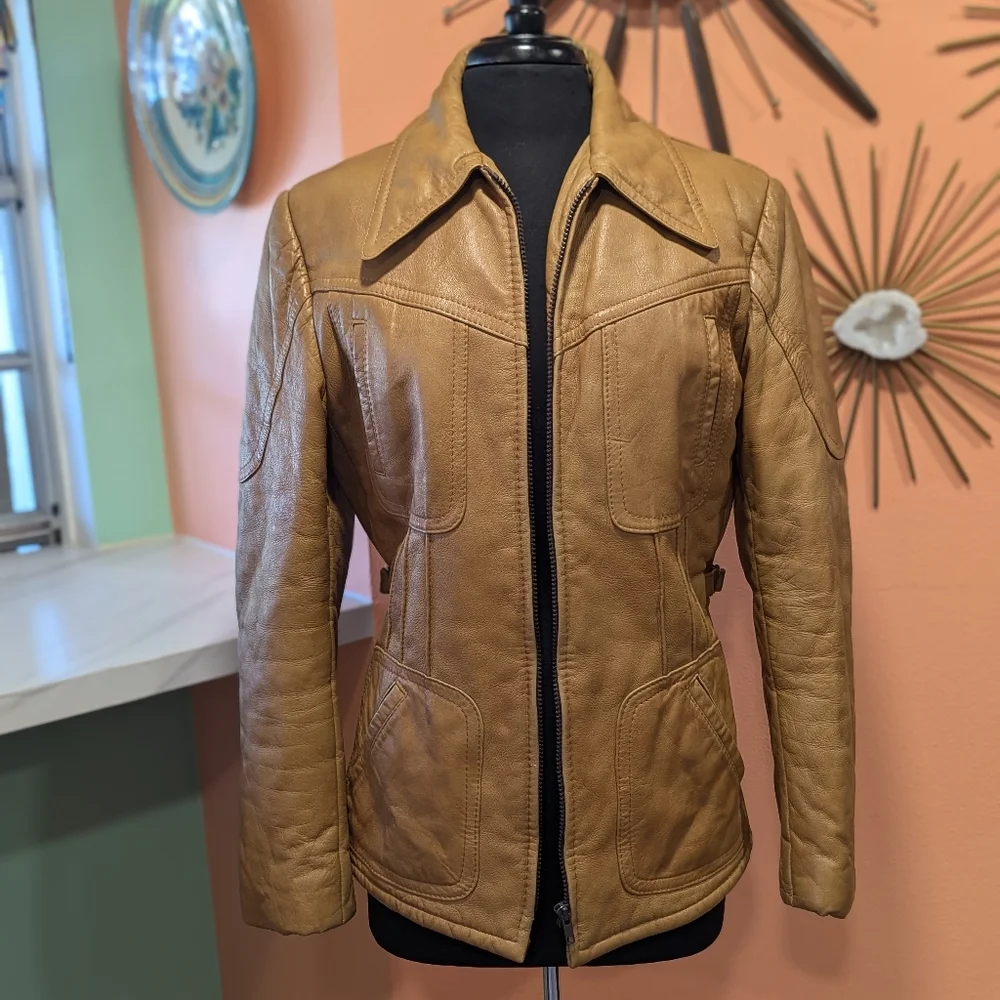 Vintage Tan Leather Zip Front Jacket - Picture 2 of 15